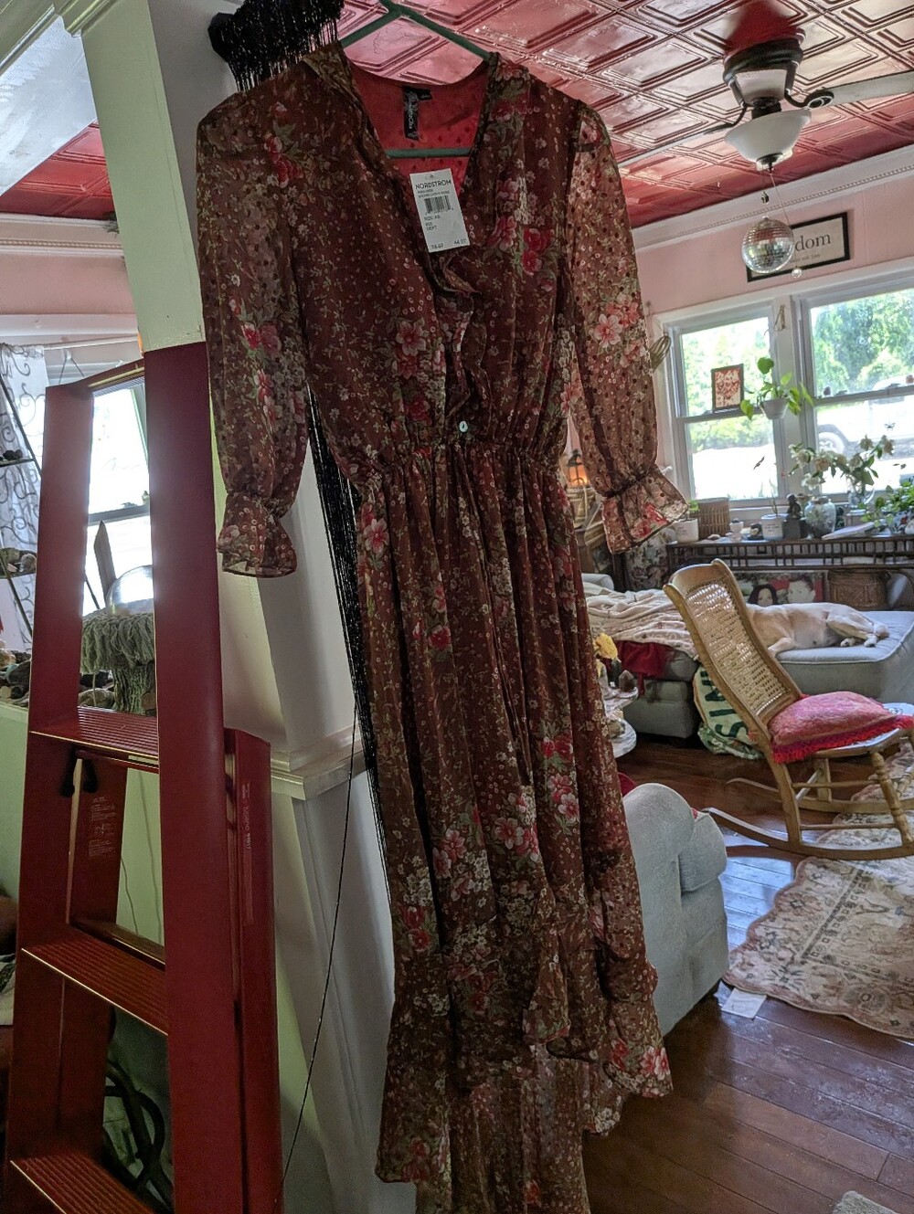 Romantic Brown Floral Ruffle-Trim Maxi Dress